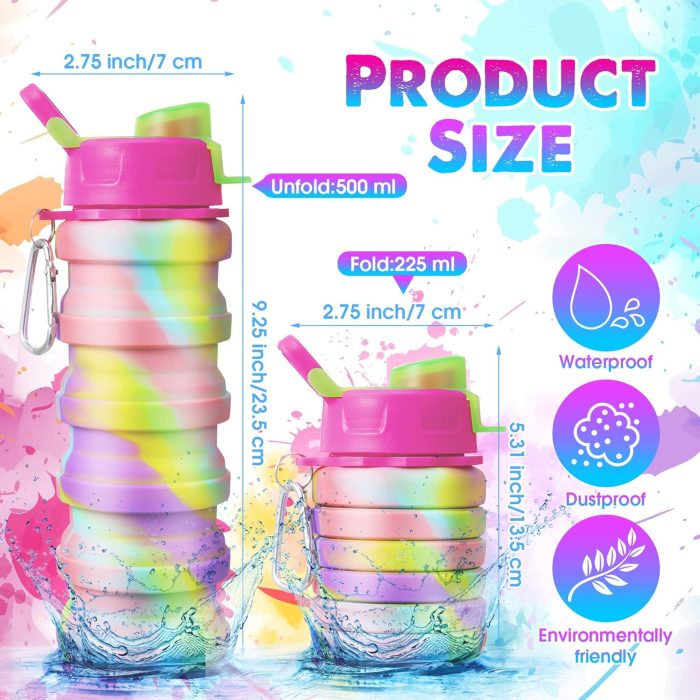 CHENGU 5 Pcs Collapsible Water Bottles 16 oz Portable Foldable Water Bottles Silicone Leak Proof Travel Water Bottle Reusable Sports Water Bottle with Metal Clip for Camping Hiking Travel (Colorful) - Image 2