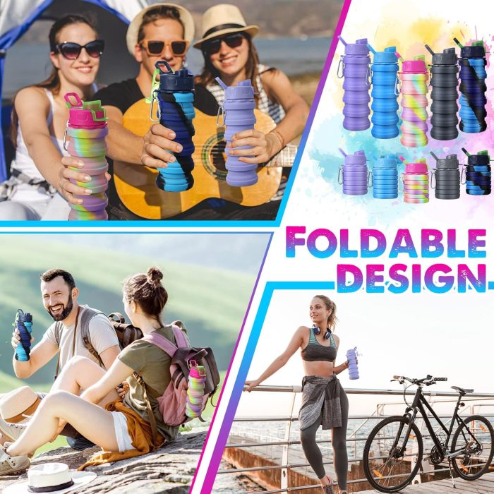 CHENGU 5 Pcs Collapsible Water Bottles 16 oz Portable Foldable Water Bottles Silicone Leak Proof Travel Water Bottle Reusable Sports Water Bottle with Metal Clip for Camping Hiking Travel (Colorful) - Image 4