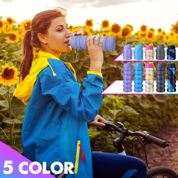 CHENGU 5 Pcs Collapsible Water Bottles 16 oz Portable Foldable Water Bottles Silicone Leak Proof Travel Water Bottle Reusable Sports Water Bottle with Metal Clip for Camping Hiking Travel (Colorful) - Image 5