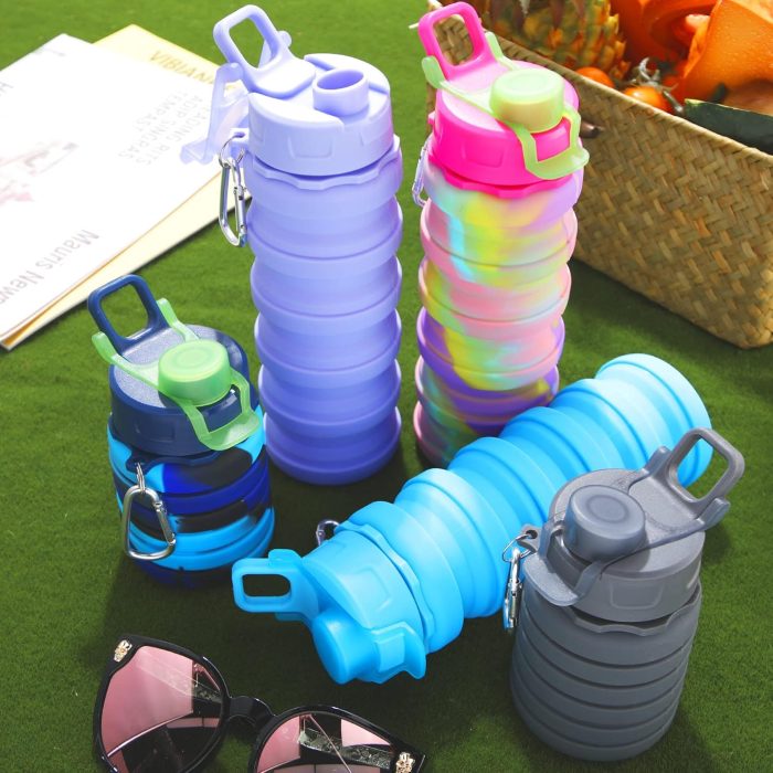 CHENGU 5 Pcs Collapsible Water Bottles 16 oz Portable Foldable Water Bottles Silicone Leak Proof Travel Water Bottle Reusable Sports Water Bottle with Metal Clip for Camping Hiking Travel (Colorful) - Image 6