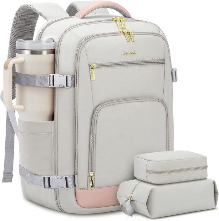 Travel Backpack For Women, 40L Carry On Backpack Flight Approved, TSA Personal Item Travel Bag Fits 17 Inch Laptop, Business Weekender Overnight Waterproof Daypack With 2 Cubes, Grey-Pink