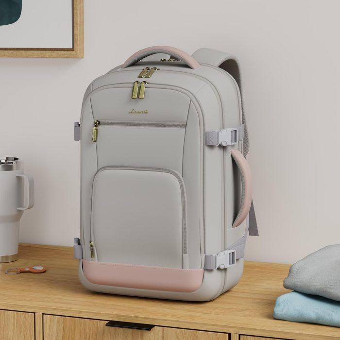 Travel Backpack For Women, 40L Carry On Backpack Flight Approved, TSA Personal Item Travel Bag Fits 17 Inch Laptop, Business Weekender Overnight Waterproof Daypack With 2 Cubes, Grey-Pink - Image 2