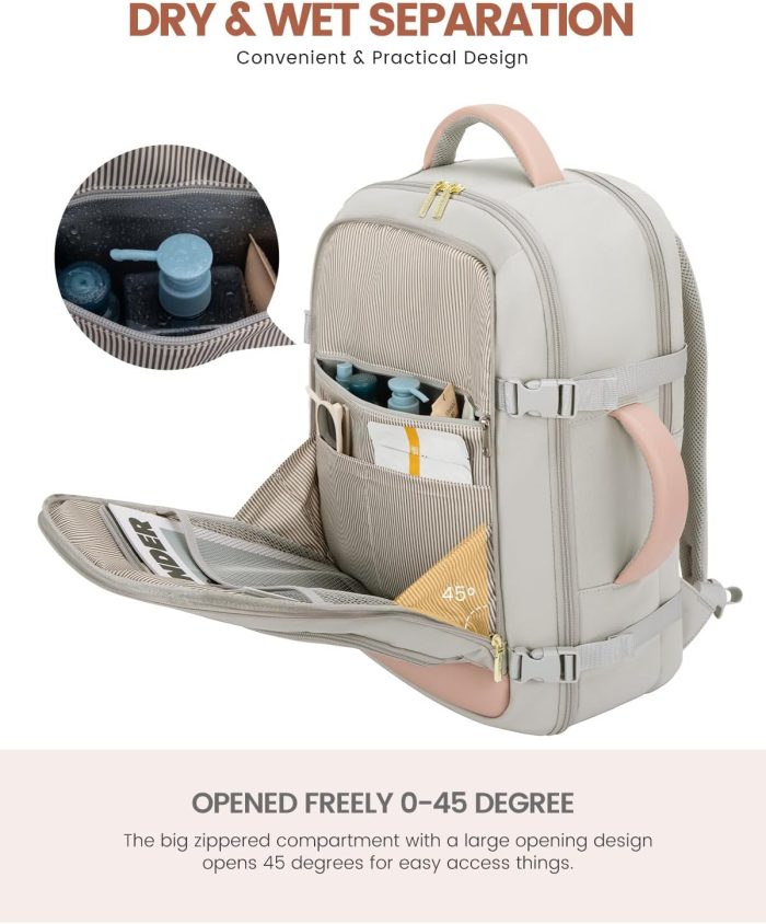 Travel Backpack For Women, 40L Carry On Backpack Flight Approved, TSA Personal Item Travel Bag Fits 17 Inch Laptop, Business Weekender Overnight Waterproof Daypack With 2 Cubes, Grey-Pink - Image 9