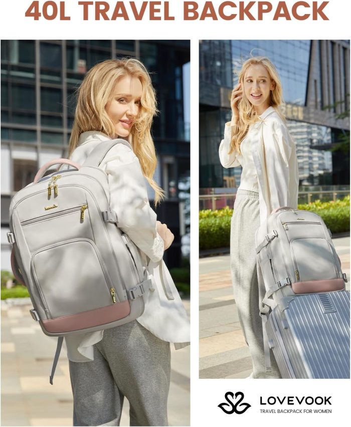 Travel Backpack For Women, 40L Carry On Backpack Flight Approved, TSA Personal Item Travel Bag Fits 17 Inch Laptop, Business Weekender Overnight Waterproof Daypack With 2 Cubes, Grey-Pink - Image 10