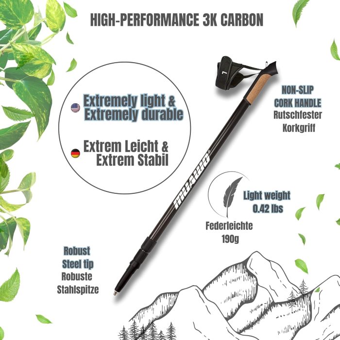 Premium Adjustable Nordic Walking Poles | 2 Poles | Ultralight 6.7 Ounces, 25"-53" Telescopic Twist Pole, 100% Carbon | Trekking Poles, Hiking Poles, Walking Sticks for Women & Men - Image 2