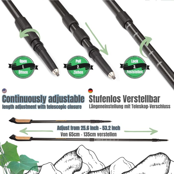 Premium Adjustable Nordic Walking Poles | 2 Poles | Ultralight 6.7 Ounces, 25"-53" Telescopic Twist Pole, 100% Carbon | Trekking Poles, Hiking Poles, Walking Sticks for Women & Men - Image 4
